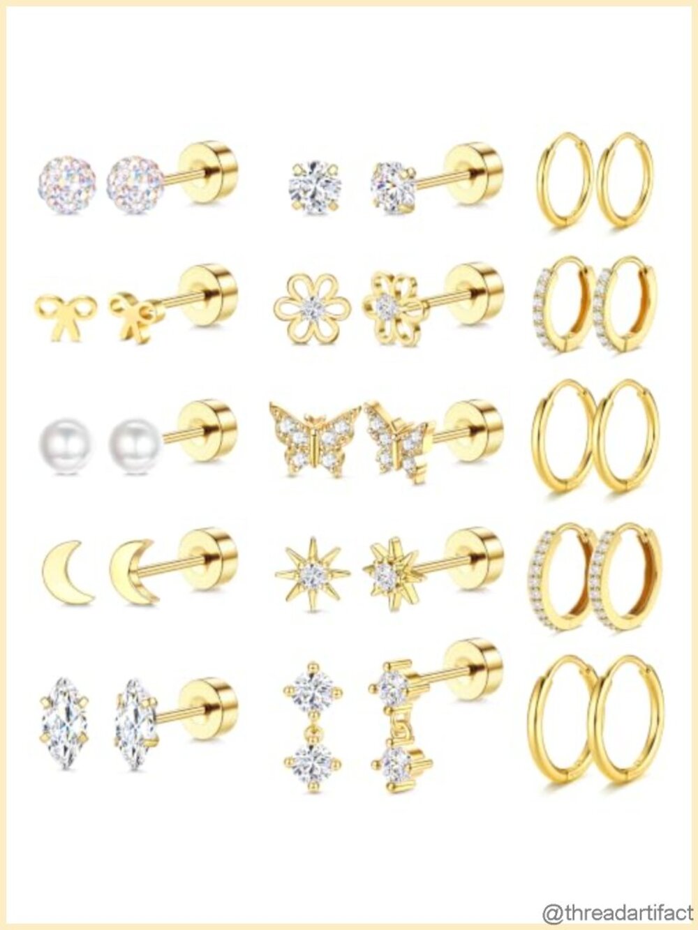 14K Gold Plated Stainless Steel Flat Back Stud Hoop Earring Set Hypoallergenic